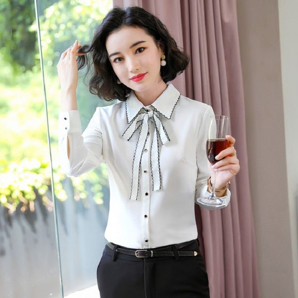 

new 2020 women blouses & shirts white long sleeve office ladies work clothes