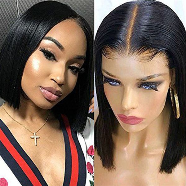 

short straight lace front human hair wigs for black women brazilian remy hair 370 lace frontal bob wigs with baby, Black;brown