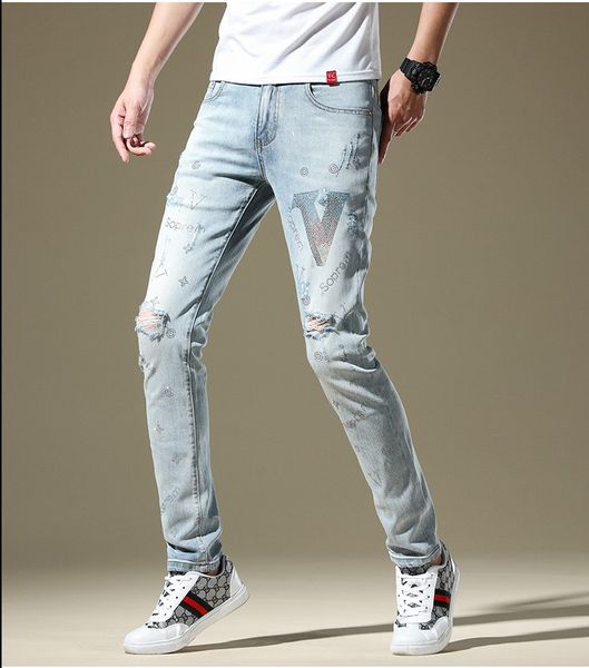 

mens designer jeans 2020 new arrival fashion hole denim trousers with drill slim-fit brand jeans ripped light blue pants size 28-38