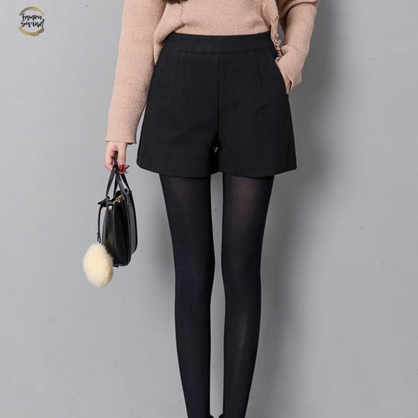 

autumn korean fashion black shorts for women winter classic basic casual wide leg short femme loose zipper woolen shorts, White;black