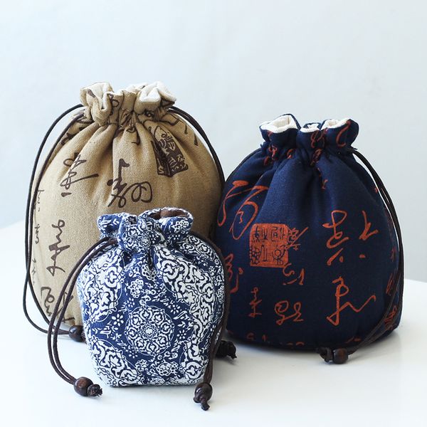 Pano portátil Handmade conjunto de chá saco de armazenamento Engrossar estilo chinês cordão de algodão saco de viagem de linho bule de chá xícara de chá saco de jóias