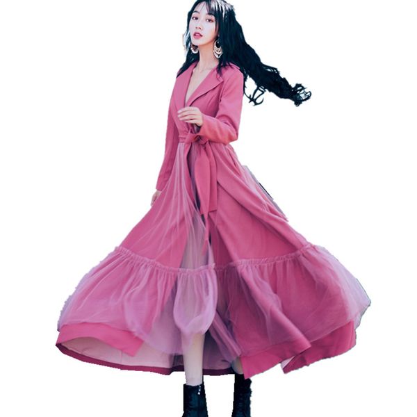 

new fashion women x-long trench coat 2018 designer autumn turn down collar patchwork mesh female slim sashes windbreaker coats, Black