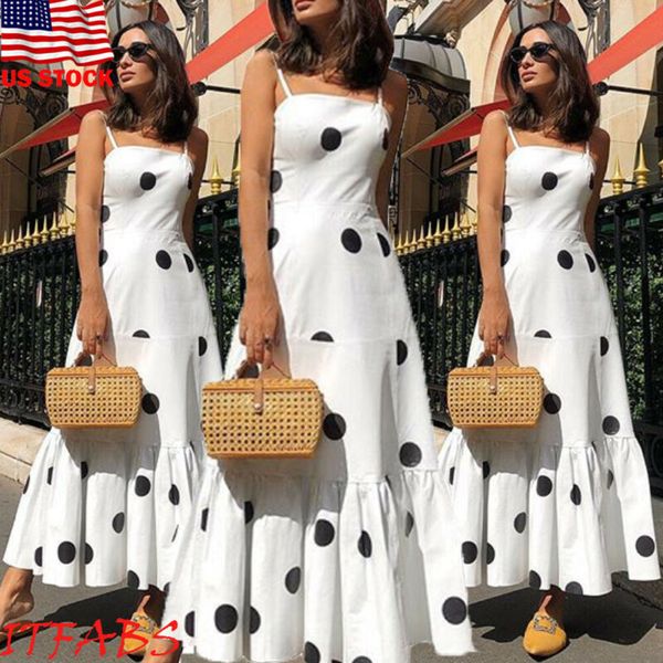 

fashion polka dot dress summer women boho casual long maxi evening party dresses women beach dress sundress ladies maxi dresses, Black;gray