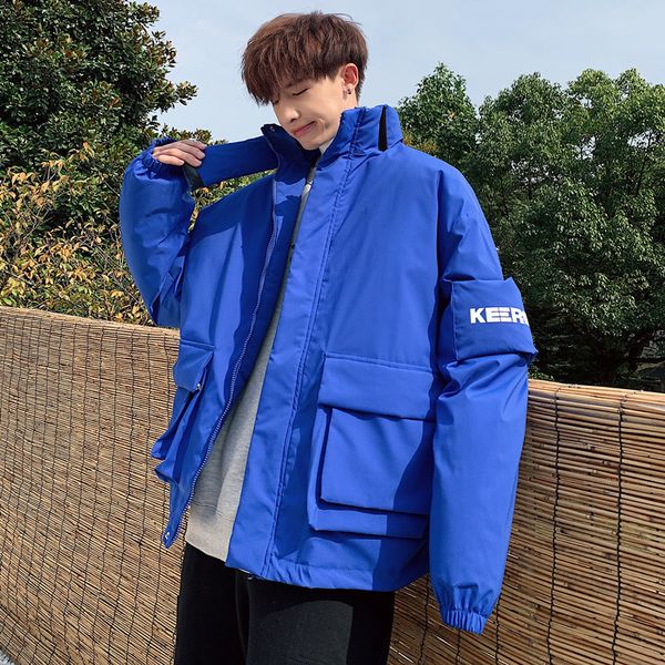 

2019 winter new stand collar loose padded fashion casual solid color multi-pocket coat blue black / white m-2xl