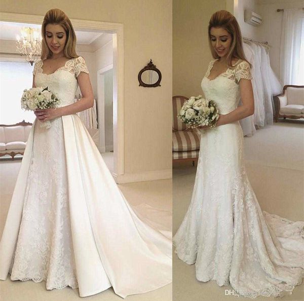 

2019 short sleeve lace wedding dresses v-neck satin chapel train bridal a-line wedding gowns bride dresses, White
