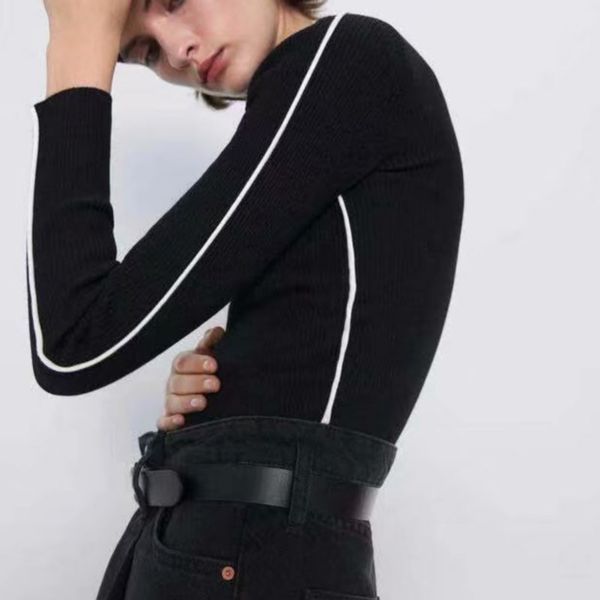 

2020 new korea fashion autumn winter women black warm knitted sweater lady fall slim fit half-high collar patchwork pullovers, White;black