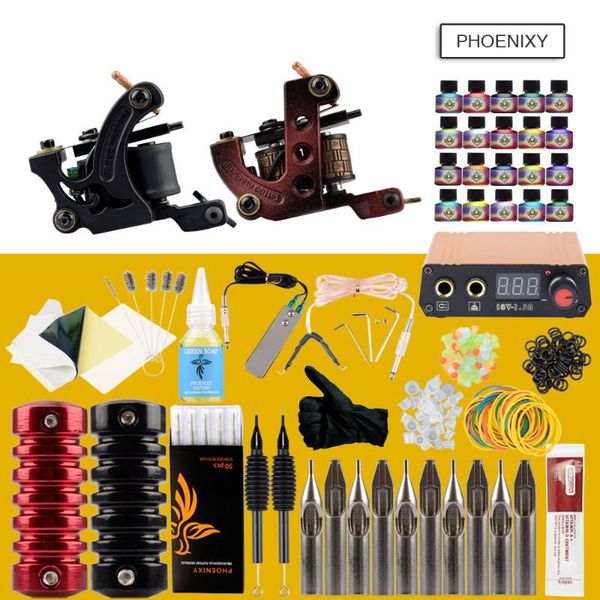 

tattoo machines power box set 2 guns 20 colors inks lcd supply needles accessories kits completed tattoo permanent makeup kit