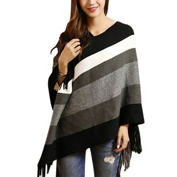 

fashion loose shawl tassel sweater v-neck sweater women knit cardigan coat, Black
