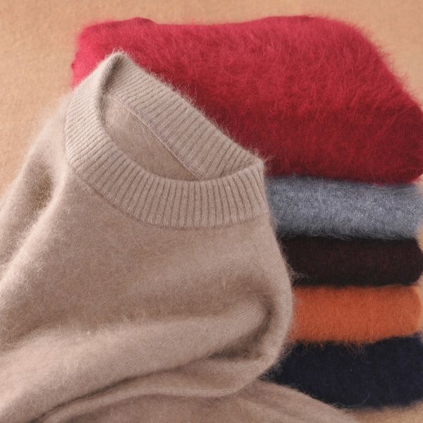

2019 men's fluffy mink cashmere sweaters winter autumn men o-neck long sleeve pullovers soft warm knitwear jersey, White;black
