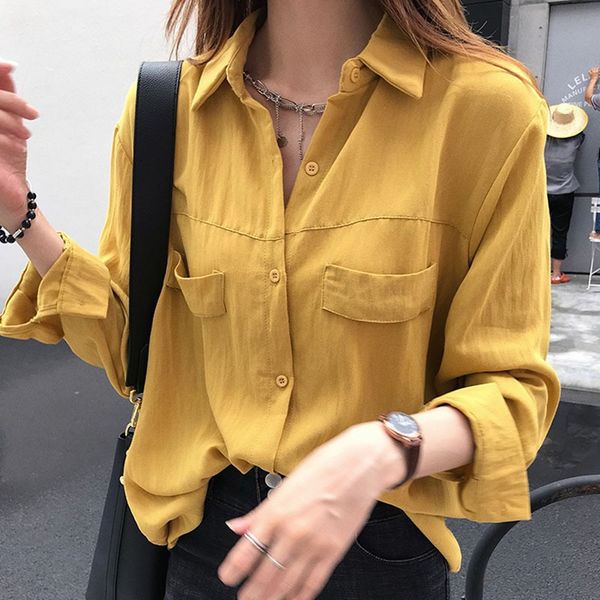 

новый fahsion женщина блуза осень весна вскользь пуговицы карманных дам блузка рубашка с длинным рукавом женского топ, White