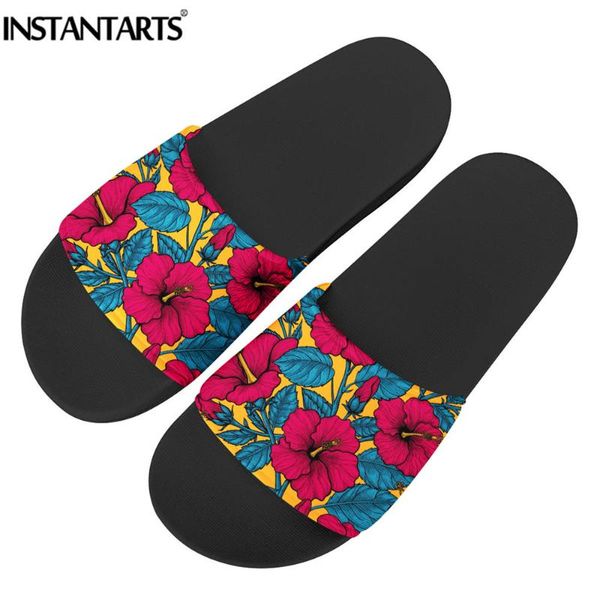

instantarts beauty flower print indoor slippers women sandals shoes woman soft flats casual floor flip flops home female shoes, Black