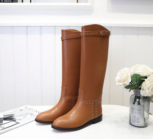 

women cow leather high boots fashion metal rivets buckle knee boots western motorcycle knight boots winter snow boots,35-42, Black