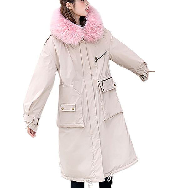 

fashion winter coat women white wool wadded hoodie drawstring long jackets outwear warm coat women parka manteau femme hiver, Black