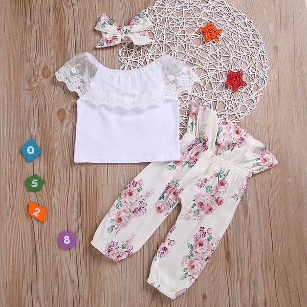 

summer baby casual set infant girls off-shoulder design floral pants headband three-pieces outfits newborn round collar set, White