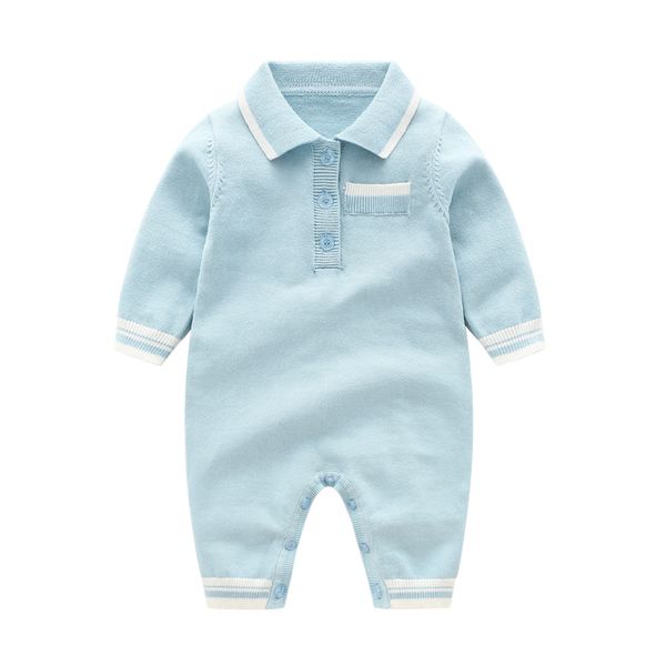 

Baby infant designer Boy Turn Down Collar romper Knitted clothes Girls Long Sleeve Solid Color Romper clothing romper