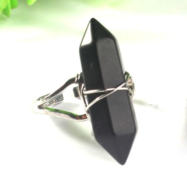 

wholesale 10 pcs silver plated wire wrap hexagon column amethyst stone resizable finger ring black agate charm jewelry