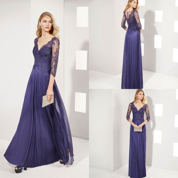 

2019 chic mother of the bride dresses v neck lace 3/4 long sleeves wedding guest dress a line chiffon elegant evening gowns, Black;red