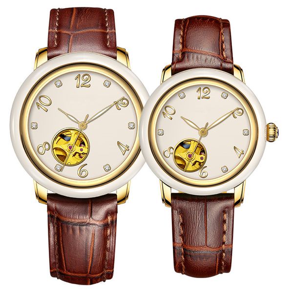 

yuyuanda yuyuanda swiss double faced openwork tourbillon mechanical watch men's and women's steel and jade watch band, Slivery;brown