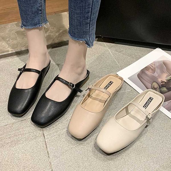 

shoes woman 2020 slippers flat rivet slipers women low slides cover toe new square soft metal decoration mary, Black