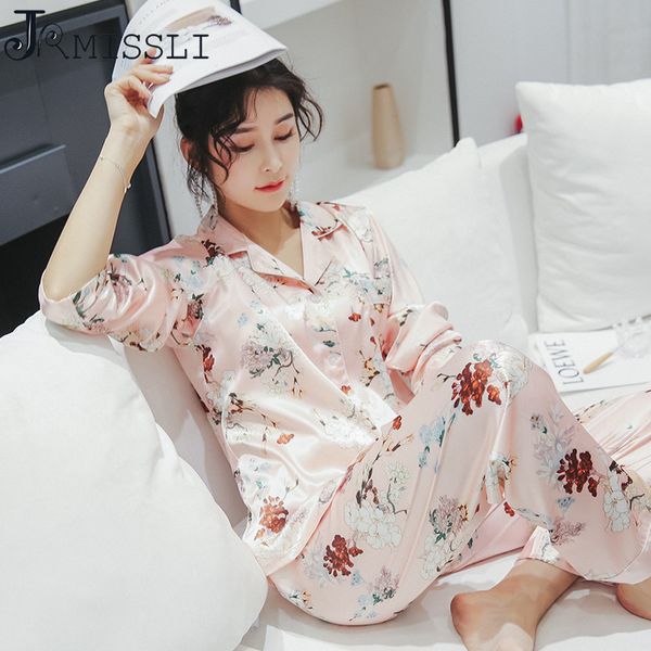 

jrmissli satin sleepwear 2019 new spring summer women pajama sets flower print elegant pijama pyjama, Blue;gray
