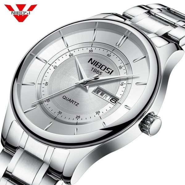 

nibosi mens watches brand luxury male clock steel leather display week date fashion quartz watch business men wrist watch, Slivery;brown