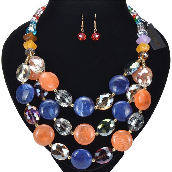 

jerollin new three layers big necklace dangle earring crystal&resin statement beads necklace jewerlry set blue red yellow, Silver