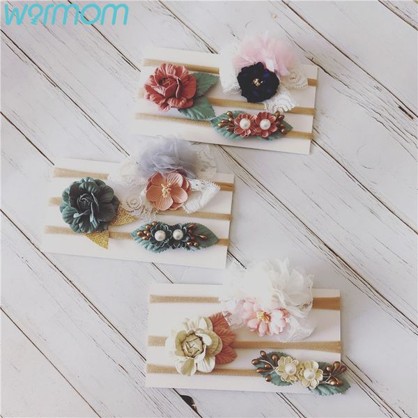

warmom 3pcs/set baby elastic hair bands baby shower headwear p props handcrafted nylon flower headband set for children, Slivery;white