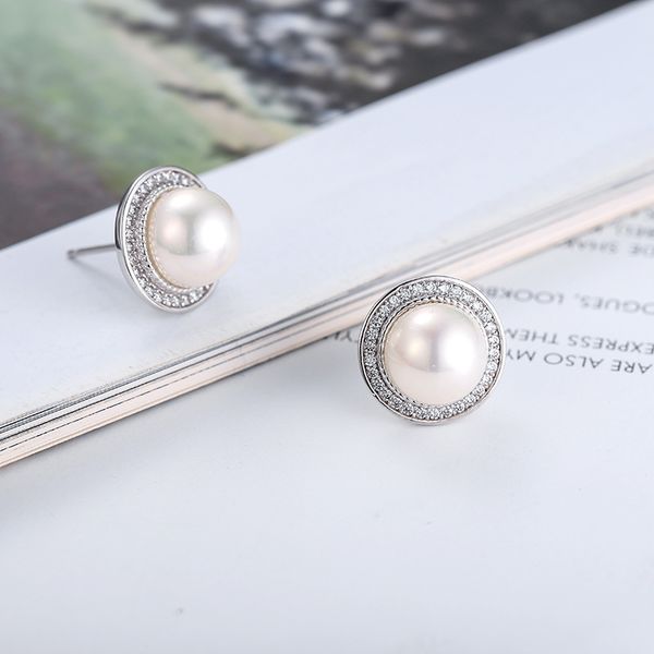 

cross border europe and america pure silver earrings 925 silver studs with micro zircon inlay fashion simple round pearl earrings diy access, Golden;silver