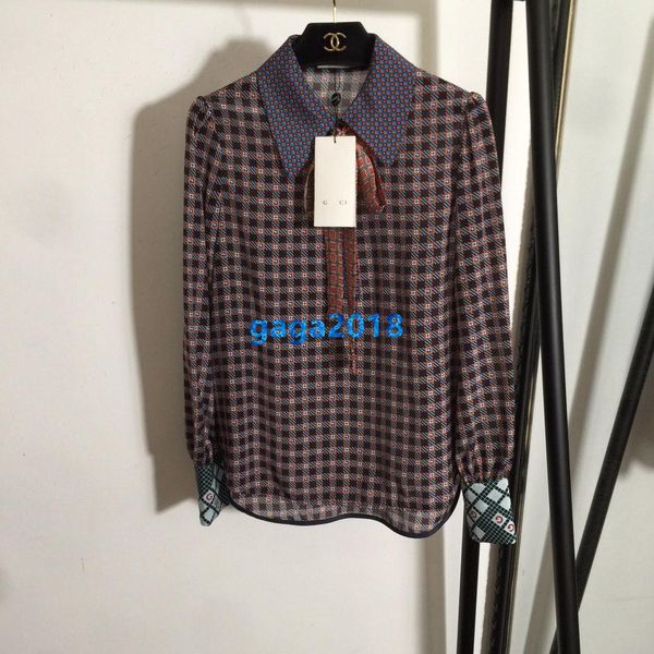 

high end женщины девушки шелковая рубашка all-over vintage check plaid мотив отворот шеи лук с длинным рукавом tee блузка milano fashion des, White