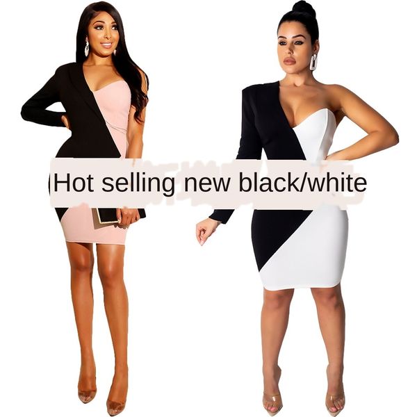 

womens designer solid color banquet dress v-neck long sleeve hip split dress c54b, Black;gray