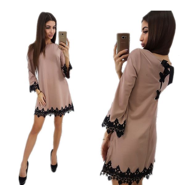 

Women Casual Back Sashes Lace Patchwork Flare Sleeve Dress Ladies O Neck Sweet Mini Dress Spring Elegant Women Straight Dress