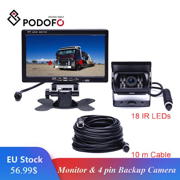 

podofo dc 12v-24v 7"tft lcd car monitor display + 4 pin ir night vision rear view camera for bus truck rv caravan trailers