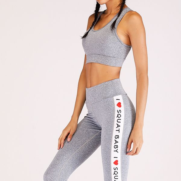 

new fashion autumn 2 piece set women high waist letter print leggings fitness crop sweat suit sets women workout tracksuit, Gray