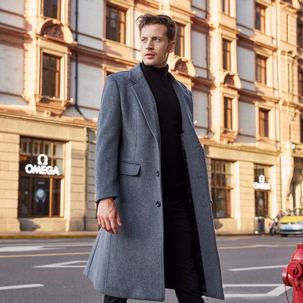 

men's wool coat autumn winter 2019 new business casual wool coat single breastedlong trench woolen overcoat over knee tweed, Black