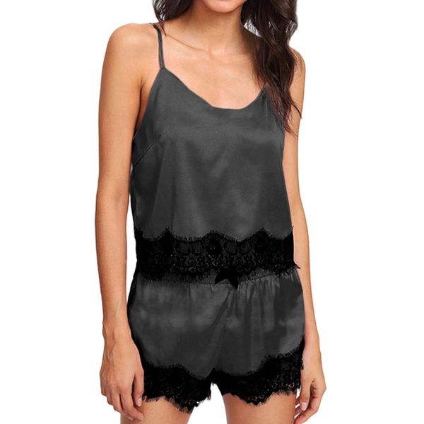 

women hollow out floral lace trim faux silk two piece lingerie pajamas set deep v-neck tank bowknot solid color shorts, Blue;gray