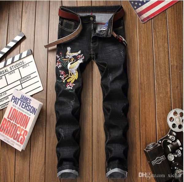 

2019 spring mens fashion designer black jeans retro stretch embroidery washed straight leg slim fit streetwear scratched denim pants cj8609, Blue