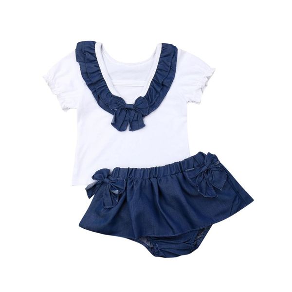 

kids baby girls lovely outfits clothes patchwork t-shirt denim shorts knot bow skirt set 2pcs 3m-3y, White