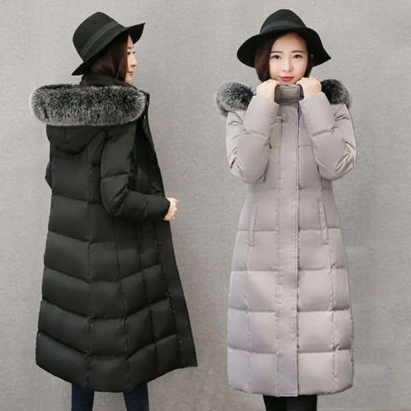 

межсезонье зазор 19 зима новый пуховик женщин длинный участок утолщенной европейских и американских стройный размера женщин с капюшоном, Black