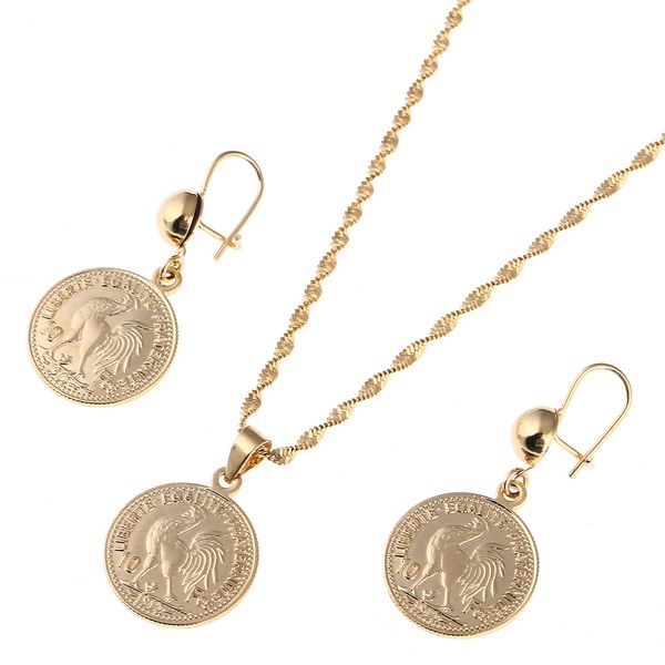Moneta francese Collane con ciondolo Set di orecchini Coq gaulois Set di gioielli Simbolo della Francia Gioielli