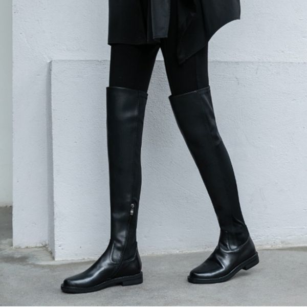 

pxelena riding genuine leather stretch over the knee boots lady low heels slim autumn winter thigh high boots women shoes 34-42, Black