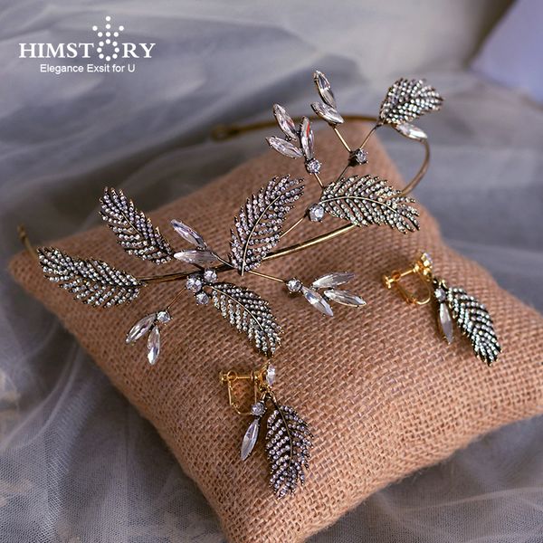 

himstory baroque leaves crystal brides headbands with earring gun-brass bridal tiara headpieces evening headdress, Golden;white