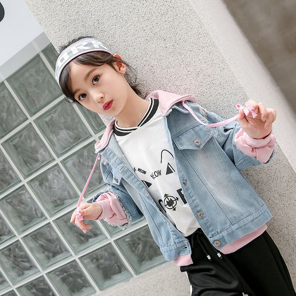 

denim jackets for girls springtrench children's clothing 4 8 12y hooded patchwork outerwear windbreaker kids teen jeans coats, Blue;gray