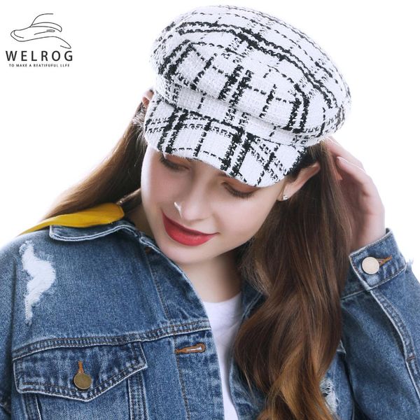 

welrog newsboy hat for women new autumn octagonal beret hat female plaid white black painter cap winter striped hats, Blue;gray