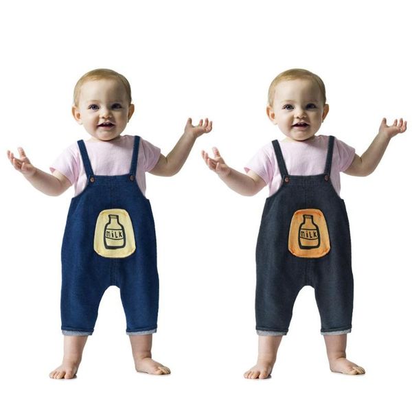 

casual jeans cartoon bottle suspender pants boys girls outfits denim overalls baby toddler for season spring autumn winter, Blue