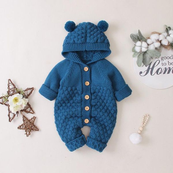 

jumpsuits 2021 born baby clothes winter warm coat knit outwear hooded jumpsuit infantil clothing costume girl romper, Blue