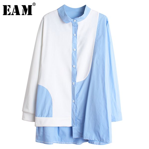 

eam] women contrast color asymmetrical blouse new lapel long sleeve loose fit shirt fashion tide spring autumn 2019 19a-a47, White