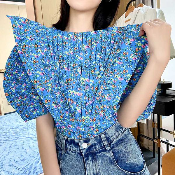 

ewq 2020 summer scalloped pleated print design fashion trend ladies shirt european style loose casual short blouse, White