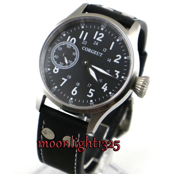 

corgeut 43mm sapphire glass black dial luminous hand winding 6497 men's watch, Slivery;brown