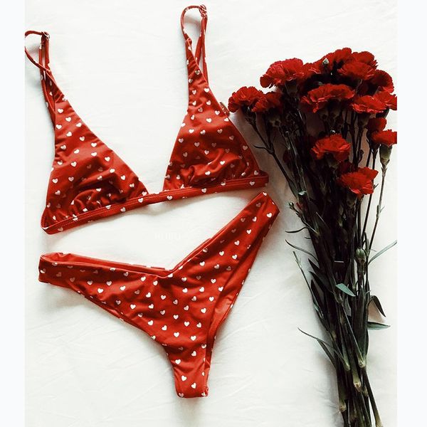 

kmnovo bikini 2018 swimwear swimsuit bathing suit women heart printing bikini set dropshipping red swimsuit beach wear