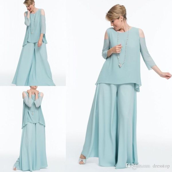

mint green chiffon mother of the bride pants suits scoop neck wedding guest dress floor length long sleeve evening gowns, Black;red